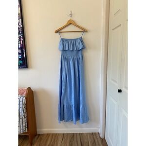 NWT Lusana Linen Strapless Ruffle Baby Blue Maxi Dress | Size Medium